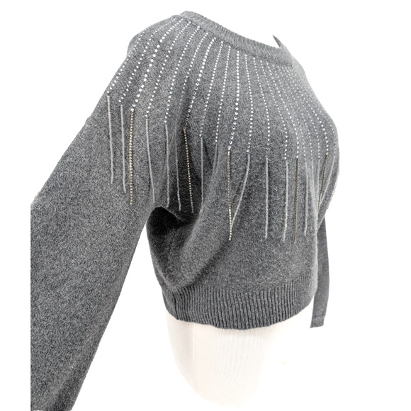 BB Dakota If You Fancy Gray Embellished Fringe Sweater XS Sparkle Western Glam - Picture 4 of 15